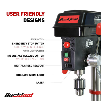 BUCKTOOL 12 INCH 6.2A Professional Bench Drill Press, 3/4HP Powerful Benchtop Drill Press, Variable Speed Drill Press with IIIA Laser and Work Light - WoodArtSupply