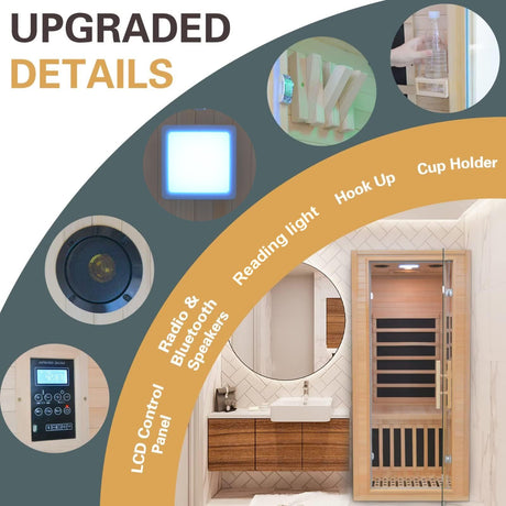 Infrared Home Sauna Room 1-2 Person Hemlock Wooden Indoor Sauna Spa，1200W/110V Low EMF Heaters,10 Minutes Pre-Warm up,Time and Temp Pre-Set, New Year Homsido