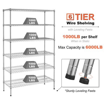 YYkokocat Heavy Duty 6 Tier Shelving Unit Adjustable 6000Lbs Capacity Steel Storage Rack 18" x 48 x 76 Mobile Shelves Wire Shelf Silver Rolling - WoodArtSupply