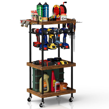 Power Tool Organizer Cart on Wheels 4 Tier Garage Tool Organizers and Storage Rolling Tool Cart with Drill Holder Rack Shelf Heavy Duty Rolling Cart smusei