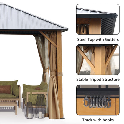 Aoodor 10 x 10 ft. Wooden Finish Coated Aluminum Frame Gazebo with Hardtop Roof, Outdoor Gazebos with Curtains and Nettings, for Patio Backyard Deck