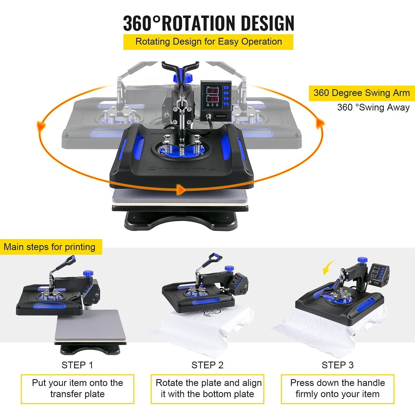 VEVOR Heat Press Machine 15 x 15 Inch 8 in 1 Heat Press 800W Sublimation Machine 360° Rotation Swing Away 8 in 1 Shirt Printing Machine Dual-Tube - WoodArtSupply