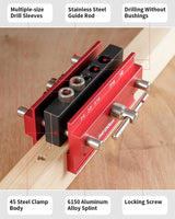 DAYDOOR Self Centering Doweling Jig, Adjustable Width Dowel Jig for Straight Holes, Biscuit Joiner Set with 6 Bushings and 3 Drill Bits(Red) DAYDOOR