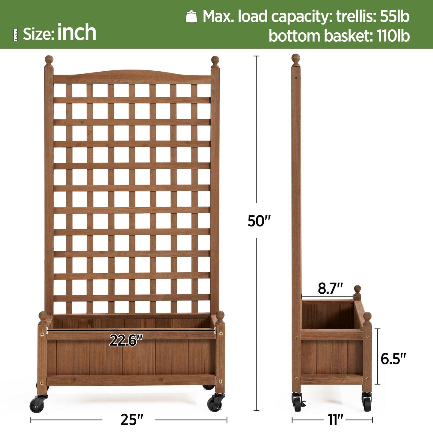 Yaheetech 50" H Raised Garden Bed with Trellis & Wheels Standing Vertical Horticulture Planter Box for Vine Climbing Plants, Flowers, Herbs Brown - WoodArtSupply