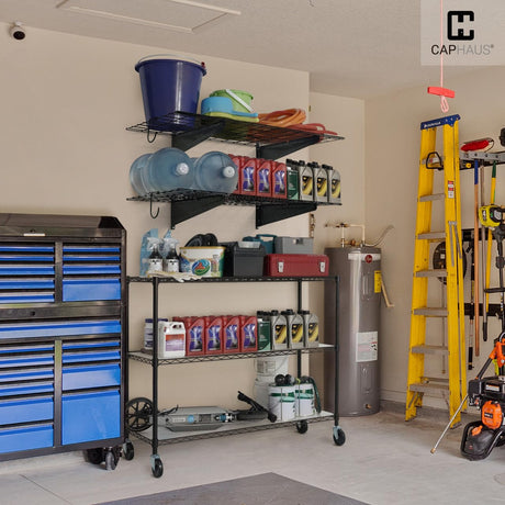 CAPHAUS Garage Wall Shelving, 36 in. W x 18 in. D Wall Mounted Garage Shelves w/ 2 Bike Hooks, Heavy Duty Organizer Shelf for Garage Storage System, CAPHAUS