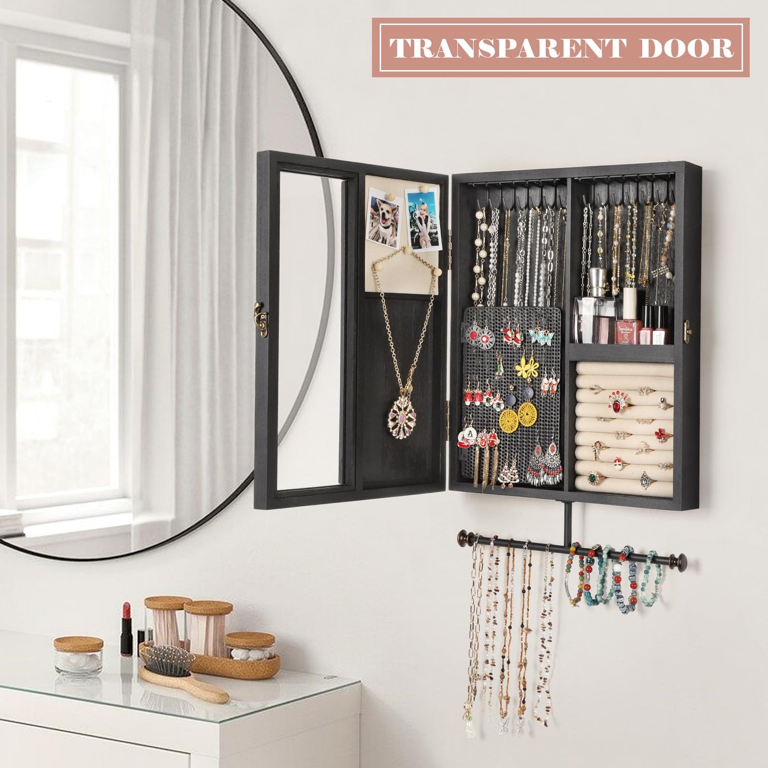 Keebofly Wall Mounted Jewelry Organizer With Rustic Wood Large Space Jewelry Cabinet, Holder, Storage Box for Necklaces, Earrings, Bracelets, Ring Keebofly