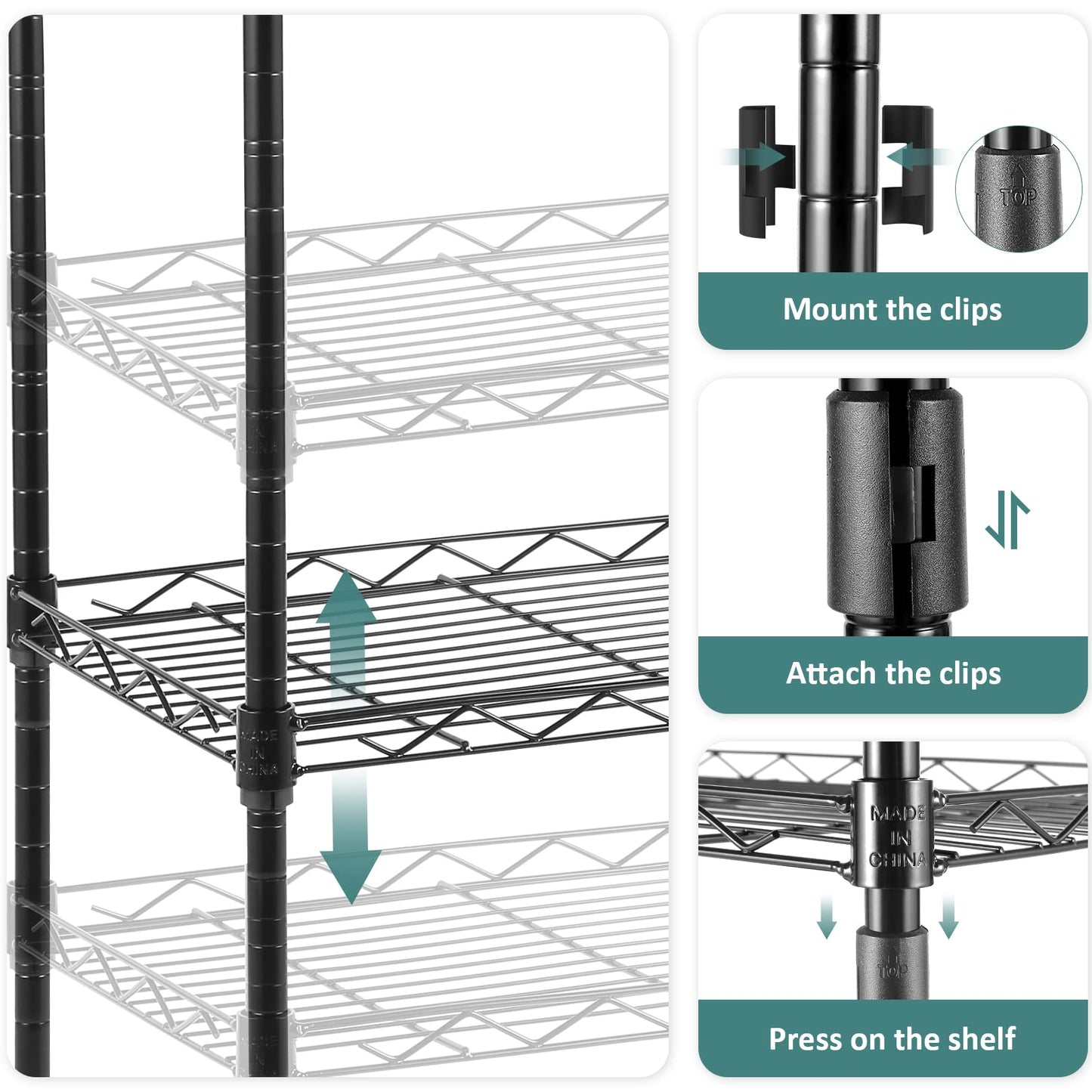 Homdox 6-Tier Storage Shelf Wire Shelving Unit Free Standing Rack Organization with Caster Wheels, Stainless Side Hooks, Black - WoodArtSupply