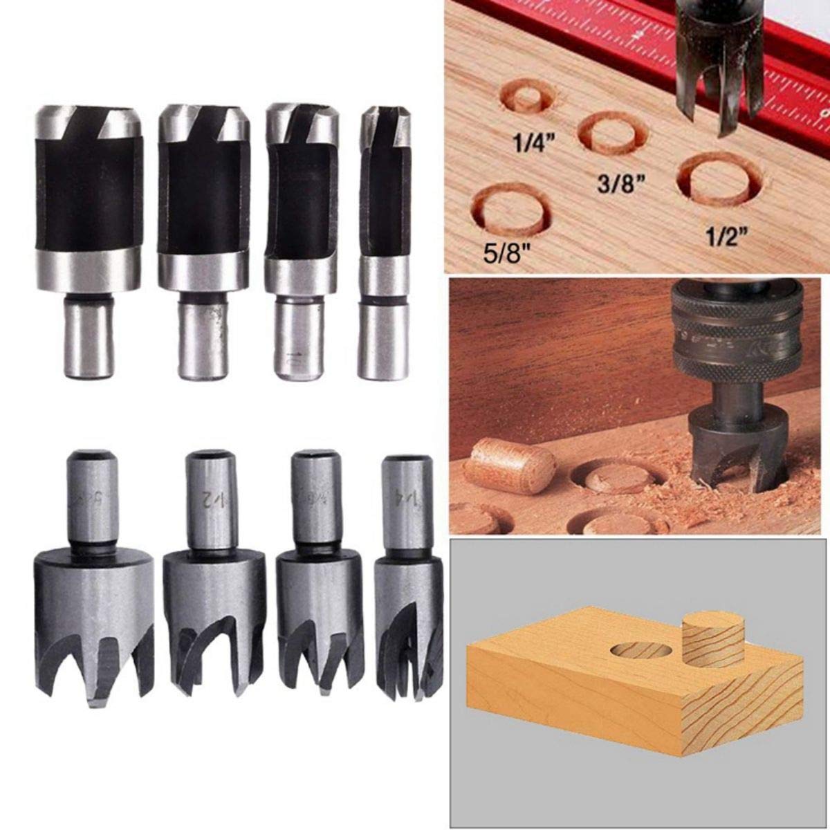 Baorder 8Pcs Wood Plug Cutter Drill Bit Set Carbon Steel Titanium Coated Woodworking Chamfer Drill Bits Straight and Tapered Taper 5/8" 1/2" 3/8" Baorder