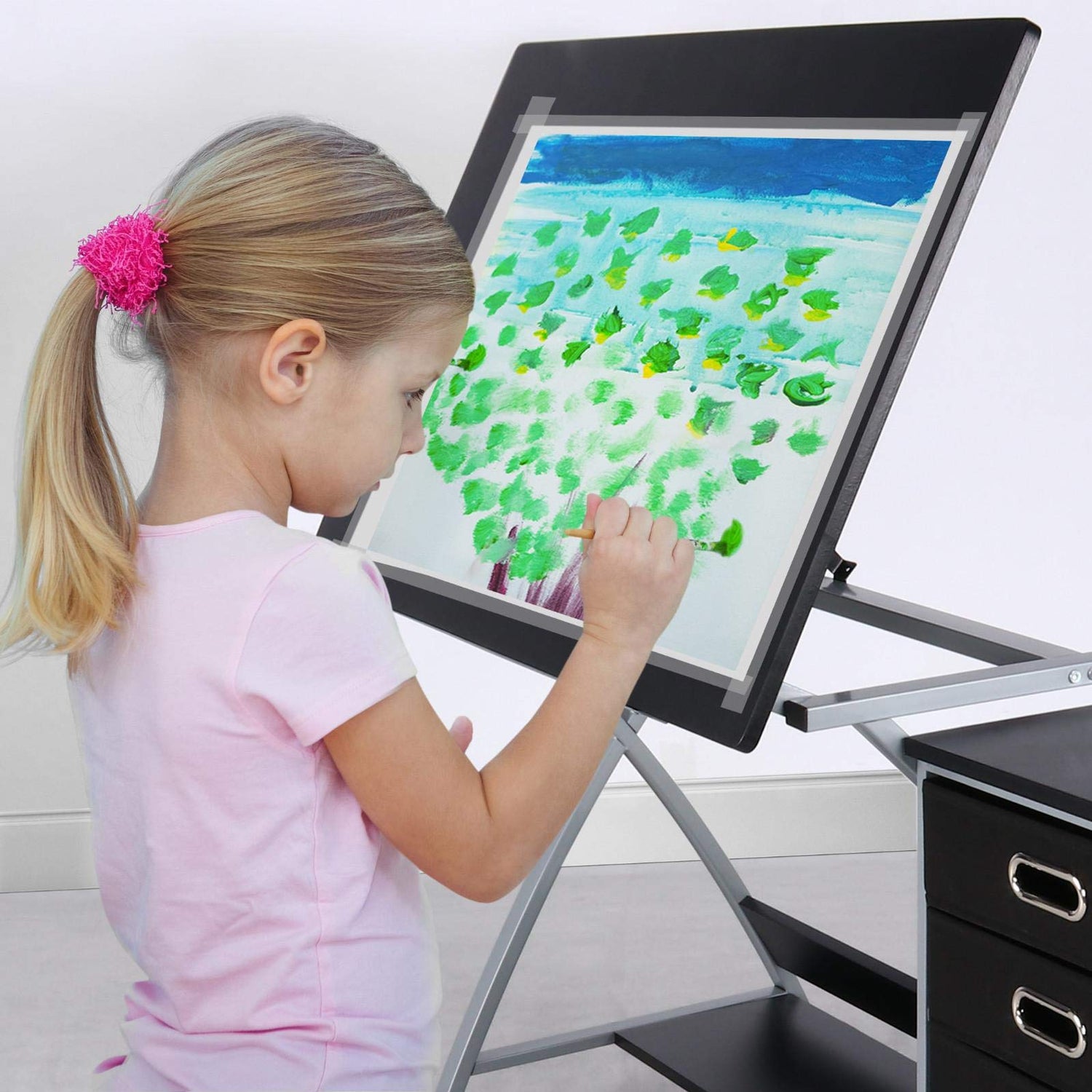 Topeakmart Drafting Tables, Draft Drawing Desk w/Stool and Tiltable Tabletop, 3 Storage Drawers, Reading, Writing Art Crafting Workstation, Black Topeakmart