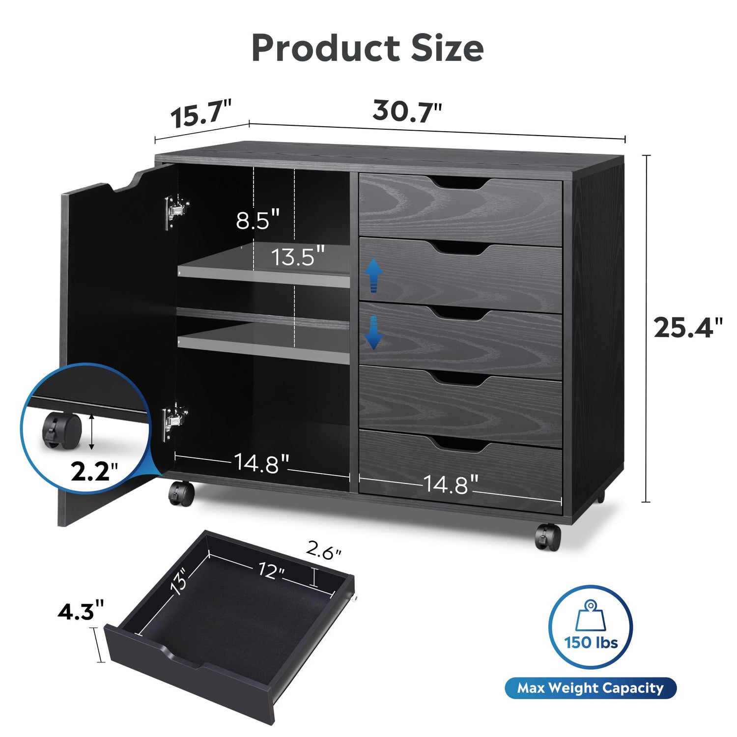 DEVAISE 5-Drawer Wood Dresser Chest with Door, Mobile Storage Cabinet, Printer Stand for Home Office, Black DEVAISE