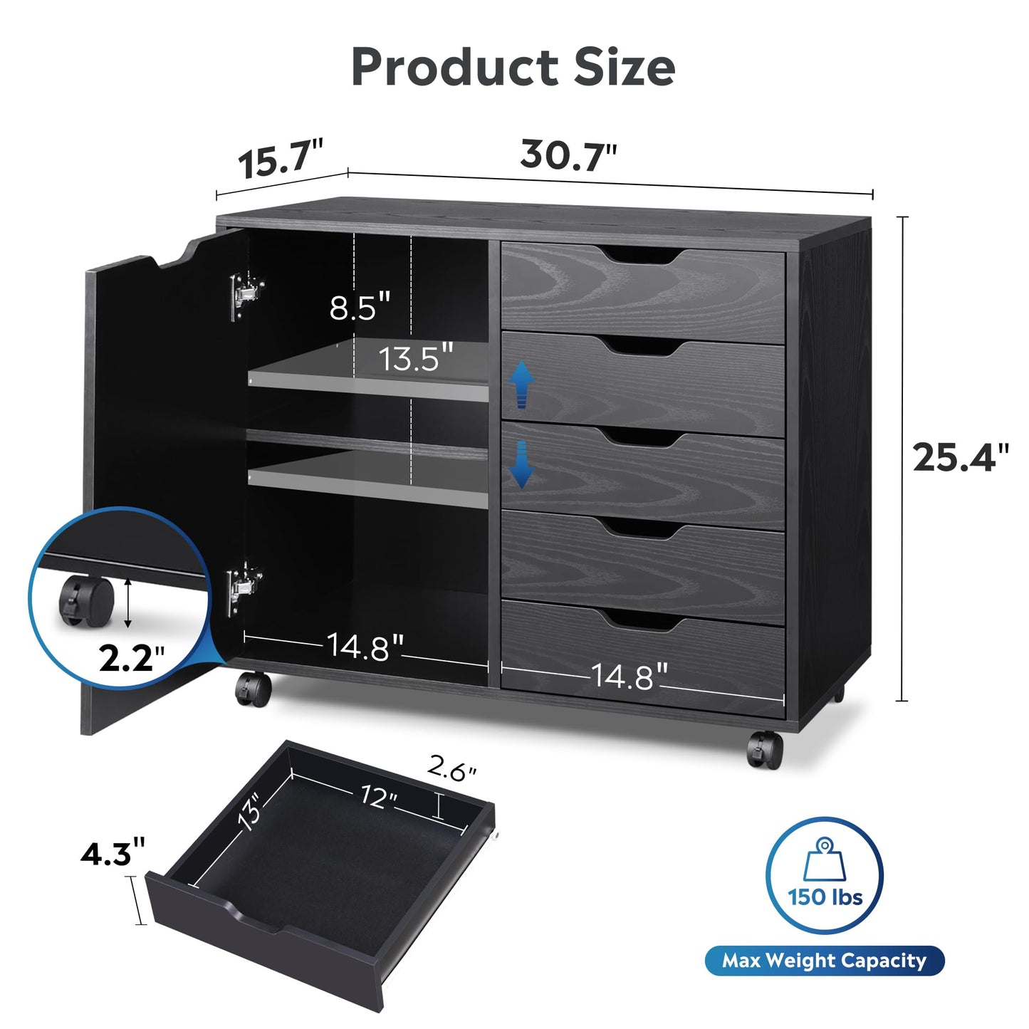 DEVAISE 5-Drawer Wood Dresser Chest with Door, Mobile Storage Cabinet, Printer Stand for Home Office, Black