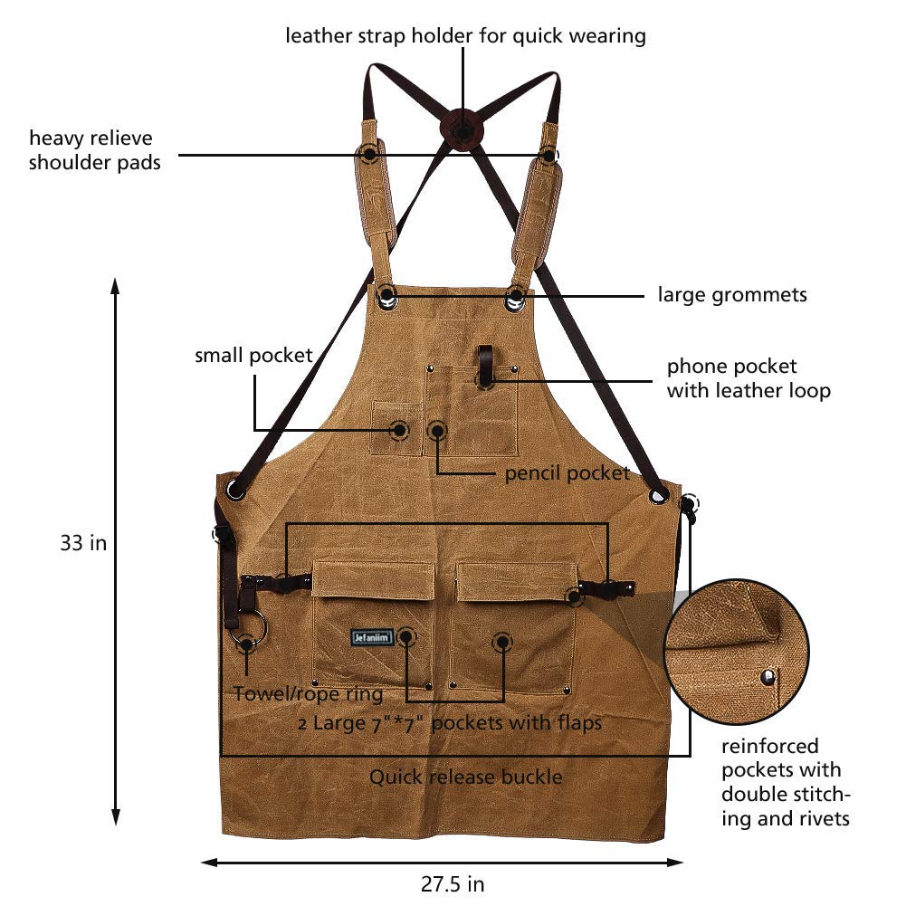 Waxed Canvas Shop Apron for Men & Women.Woodworking Aprons Heavy Duty Work Apron with Pockets. Big Bulk Tool Apron with Adjustable Cross-Back Jefaniim