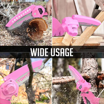 Mini Chainsaw 6-Inch Battery Powered - Pink Cordless Electric Handheld Chainsaw with 2 Rechargeable Batteries - 21V Small Power Chain Saws Battery - WoodArtSupply