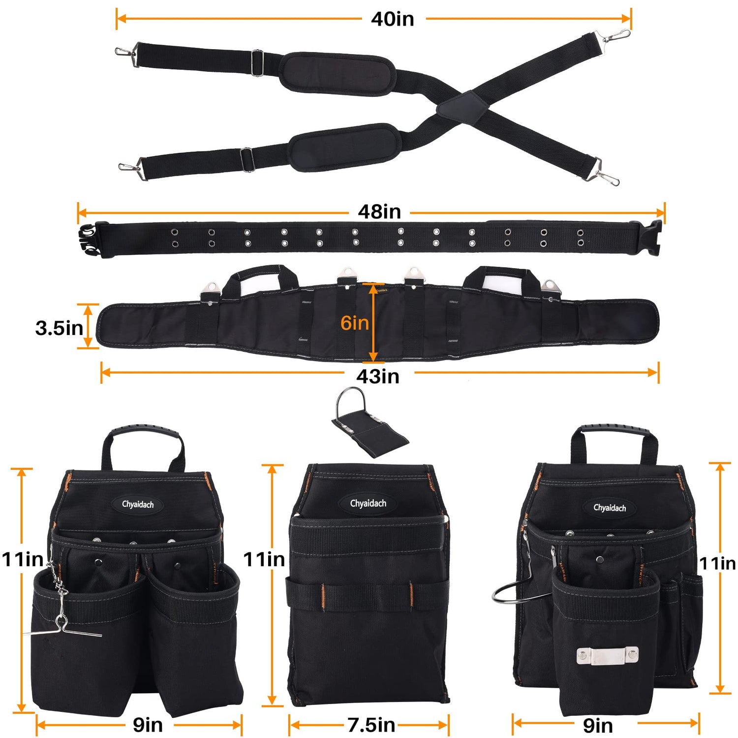 Chyaidach 16-Pockets Tool Belts for man with Suspenders, Detachable & Adjustable Tool Pouches Bag & Back Support Tool belt Combo For Chyaidach