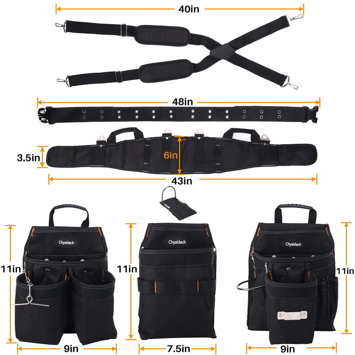 Chyaidach 16-Pockets Tool Belts for man with Suspenders, Detachable & Adjustable Tool Pouches Bag & Back Support Tool belt Combo For Chyaidach
