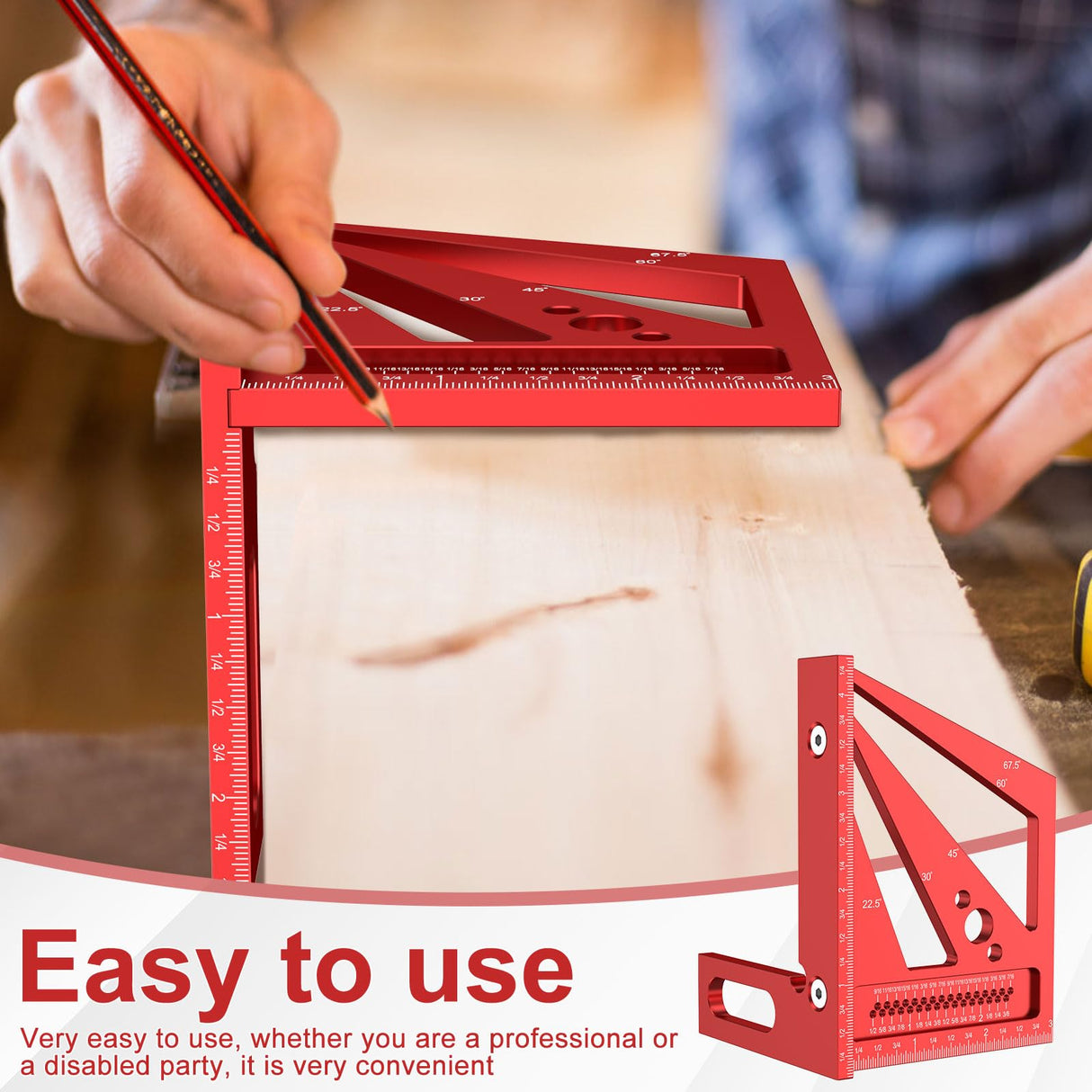 3D Multi-Angle Measuring Ruler, Aluminum Alloy Imperial Woodworking Square Ruler, Precise 22.5°- 90° Drawing Liner Scriber, with Wrench, for Janoiuc