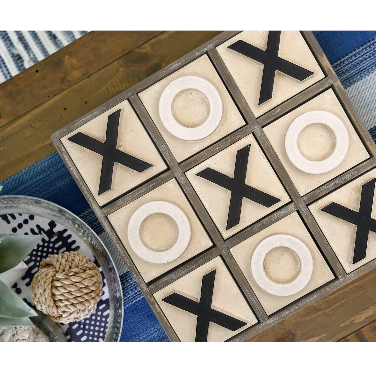 JEVERGN 12.6" Large Tic Tac Toe Game, Rustic Wooden Coffee Table Game, Wood Tic-tac-Toe Board Game with Decor, Family Games for Adult & Kids, Washed JEVERGN