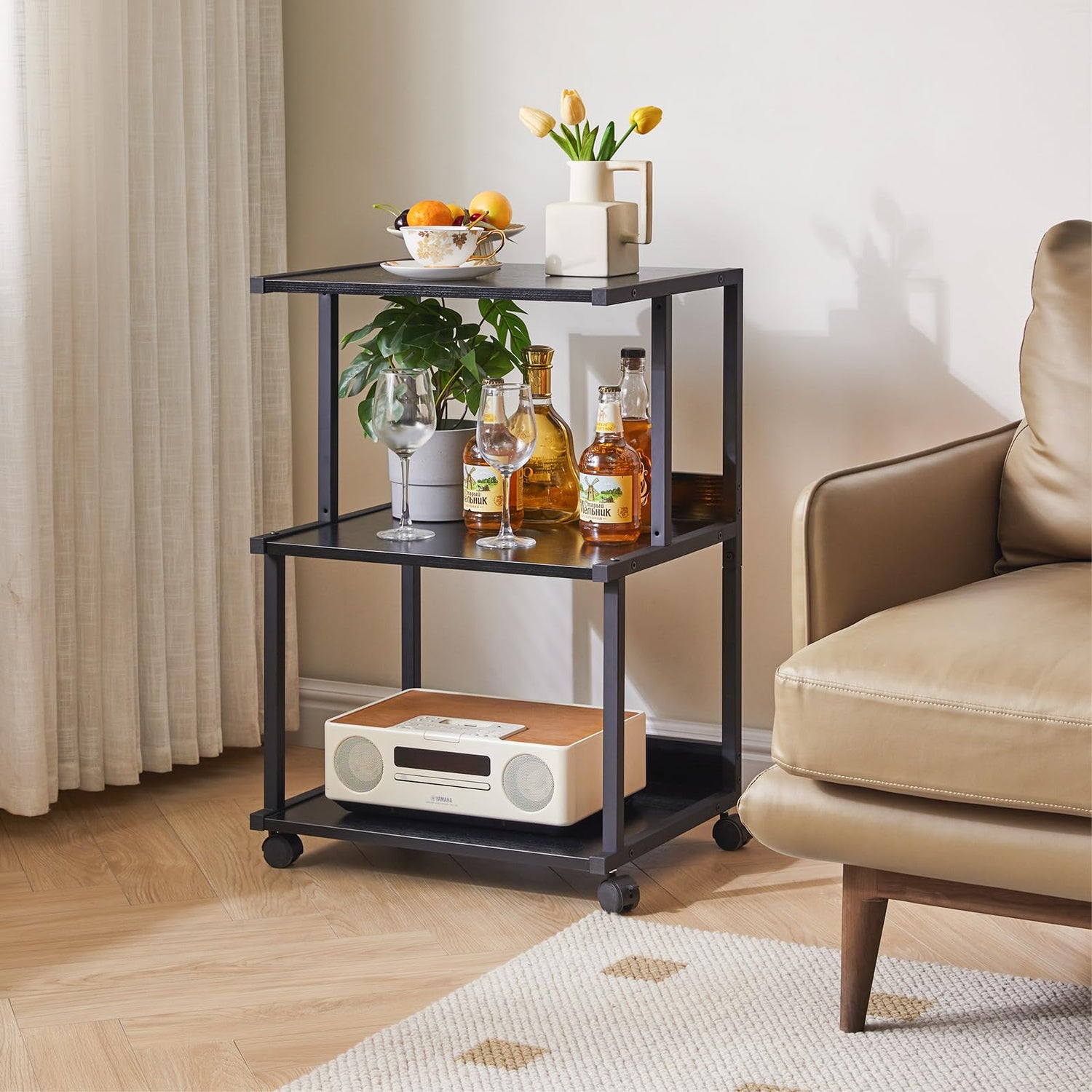 IBUYKE Black Printer Stand with Storage Shelf,3 Tier Printer Table with Wheels,Printer Cart for Home Office Organization, Rolling Cart Stand for Heat IBUYKE