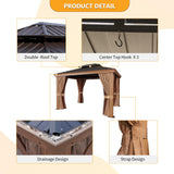 Jolydale 10' x 12' Gazebo, Permanent Wooden Finish Coated Aluminum Frame Canopy, Galvanized Steel Double Top, Outdoor Metal Pavilion with Privacy Jolydale