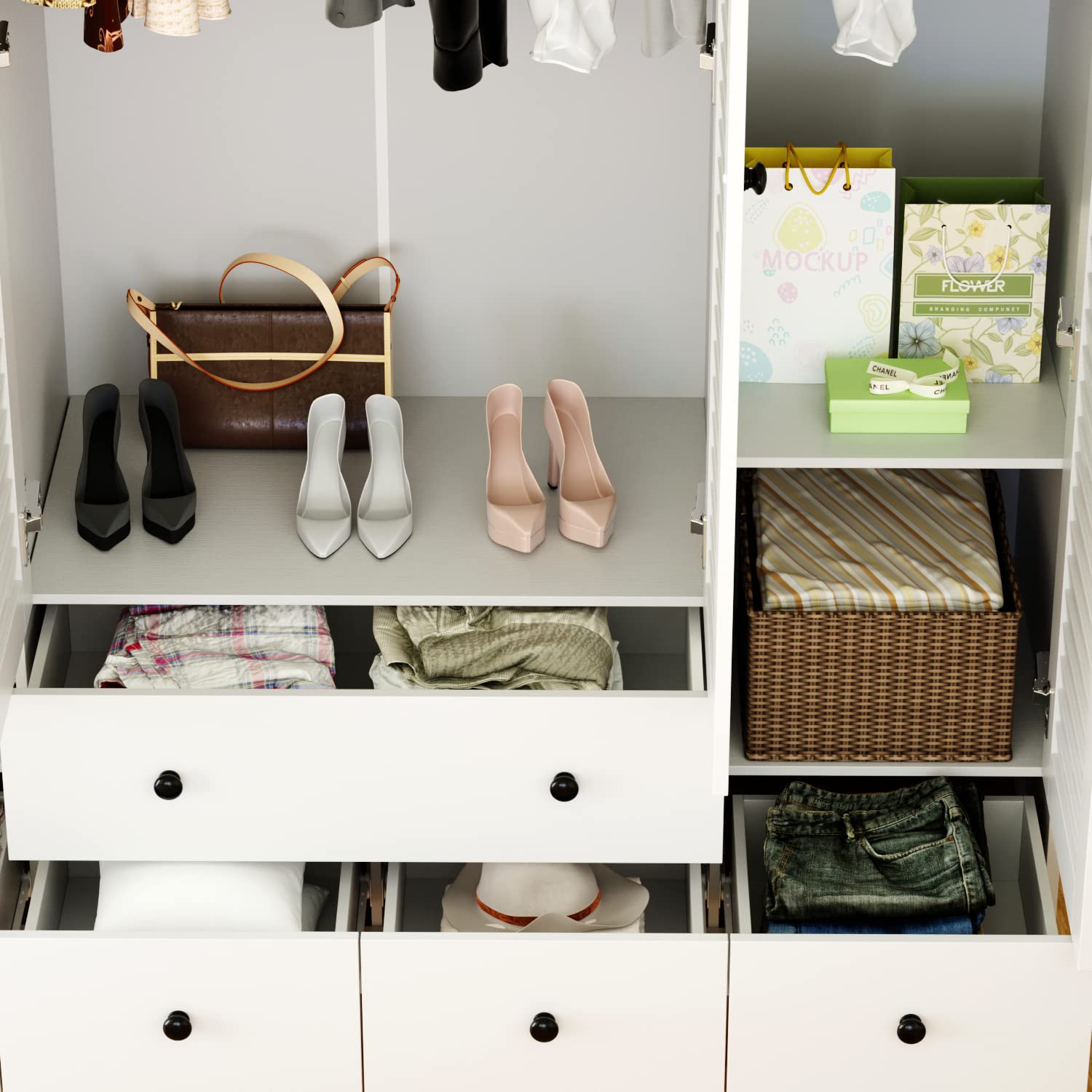 ECACAD Large Wardrobe Armoire with Multi-Tier Shelves, 5 Drawers, Hanging Rod & 4 Louver Doors, Wooden Closet Storage Cabinet for Bedroom, White ECACAD