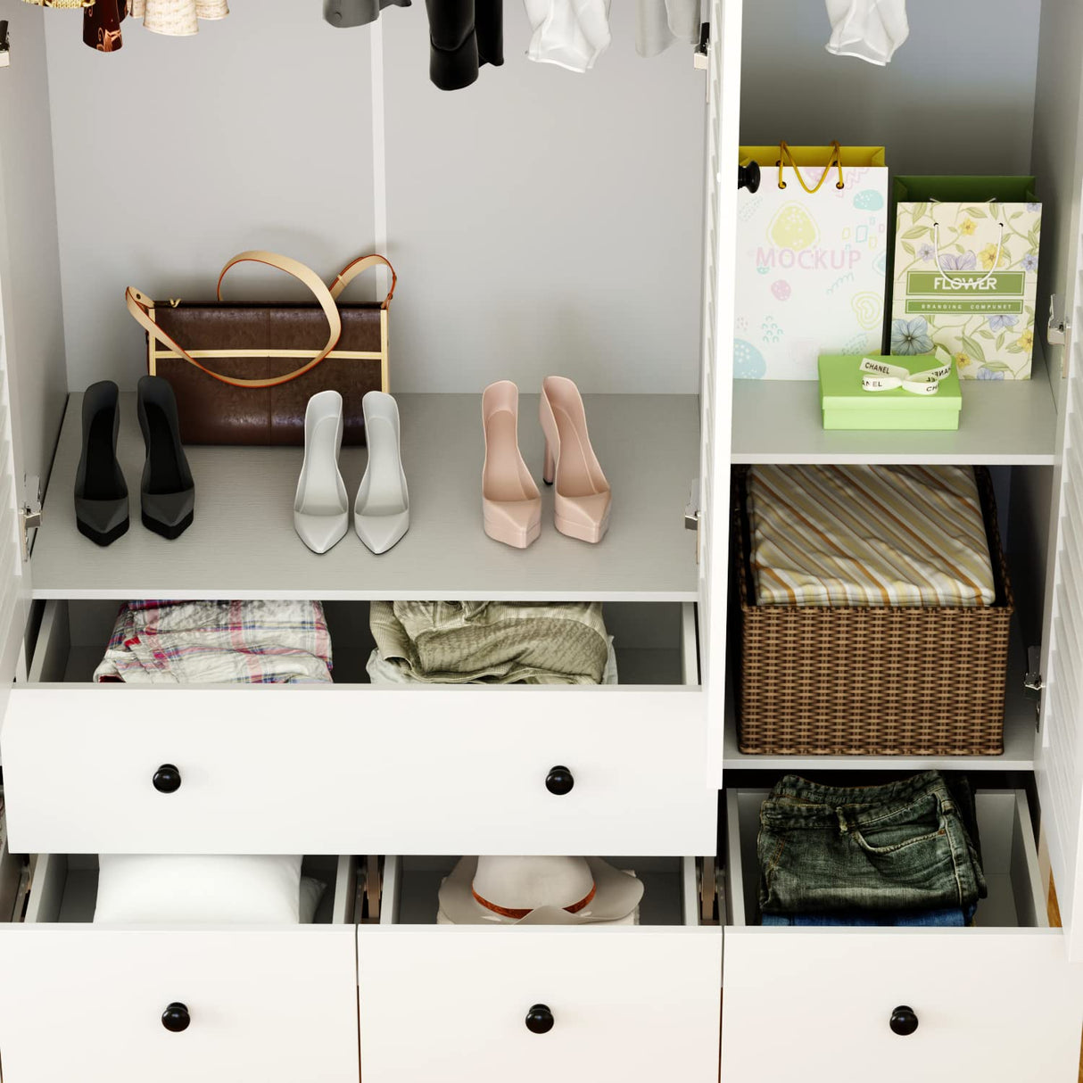 ECACAD Large Wardrobe Armoire with Multi-Tier Shelves, 5 Drawers, Hanging Rod & 4 Louver Doors, Wooden Closet Storage Cabinet for Bedroom, White ECACAD