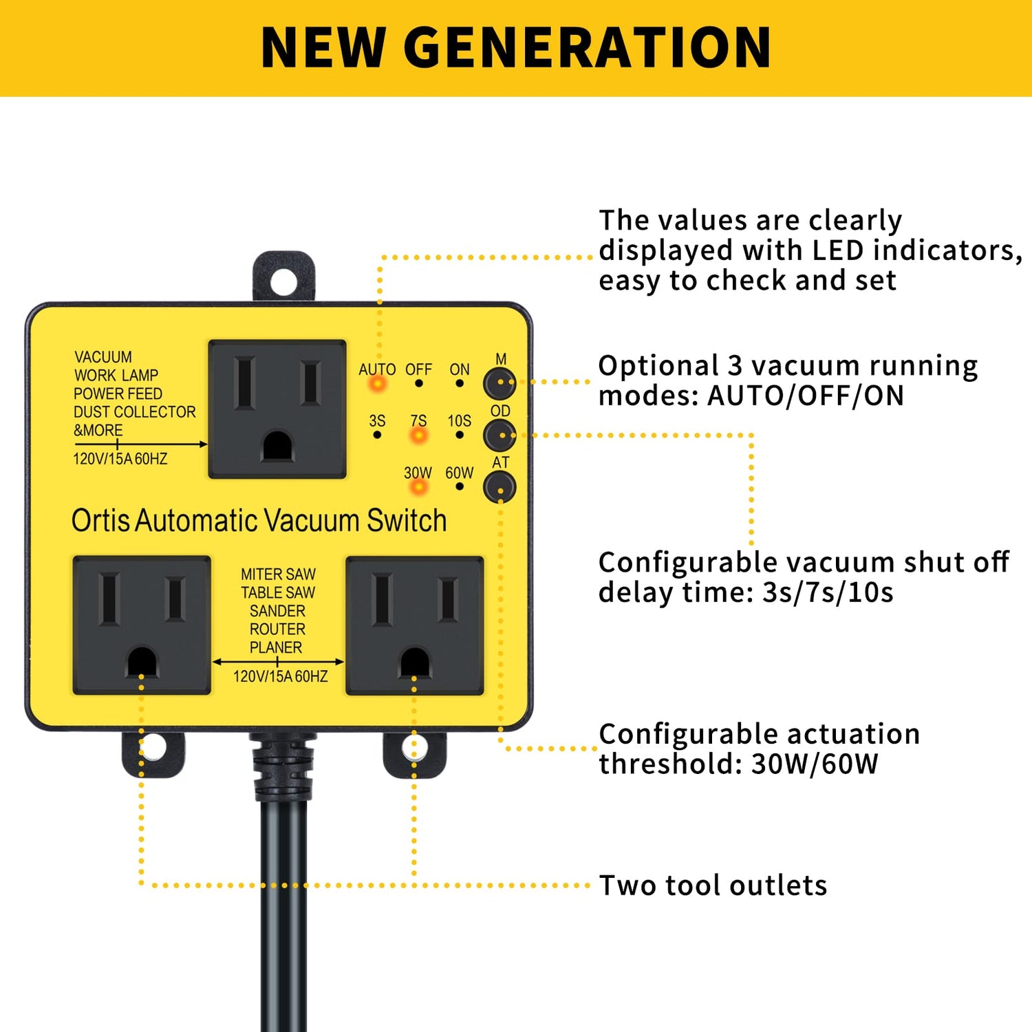 Automatic Vacuum Switch with Extra Outlet for Using More Power Tools, Ortis Dust Control Autoswitch Delay Vacuum On/Off to Prevent Circuit Overload Ortis