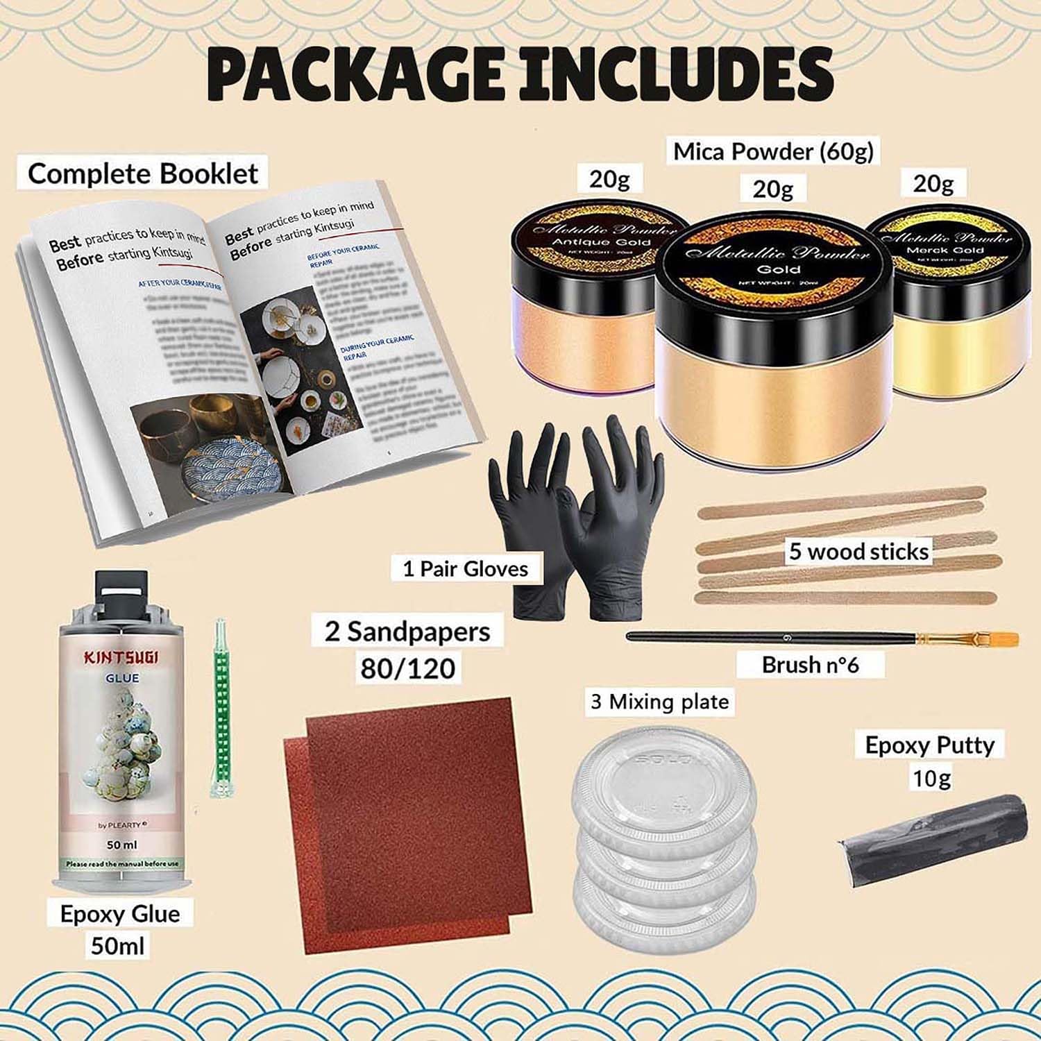 Bio Kintsugi Repair Kit Gold complet 15 Pages Booklet Manual 60g Metallic Gold Mica Powder 50ml Resin for Japanese Gold Repair Kit DIY Craft Kits
