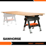 Pony Portable Folding Work Table, 2-in-1 as Sawhorse & Workbench, Load Capacity 1000 lbs-Sawhorse & 500 lbs-Workbench, 31” W×25” D×25”-32”H, with Jorgensen