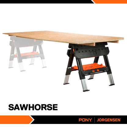 Pony Portable Folding Work Table, 2-in-1 as Sawhorse & Workbench, Load Capacity 1000 lbs-Sawhorse & 500 lbs-Workbench, 31” W×25” D×25”-32”H, with