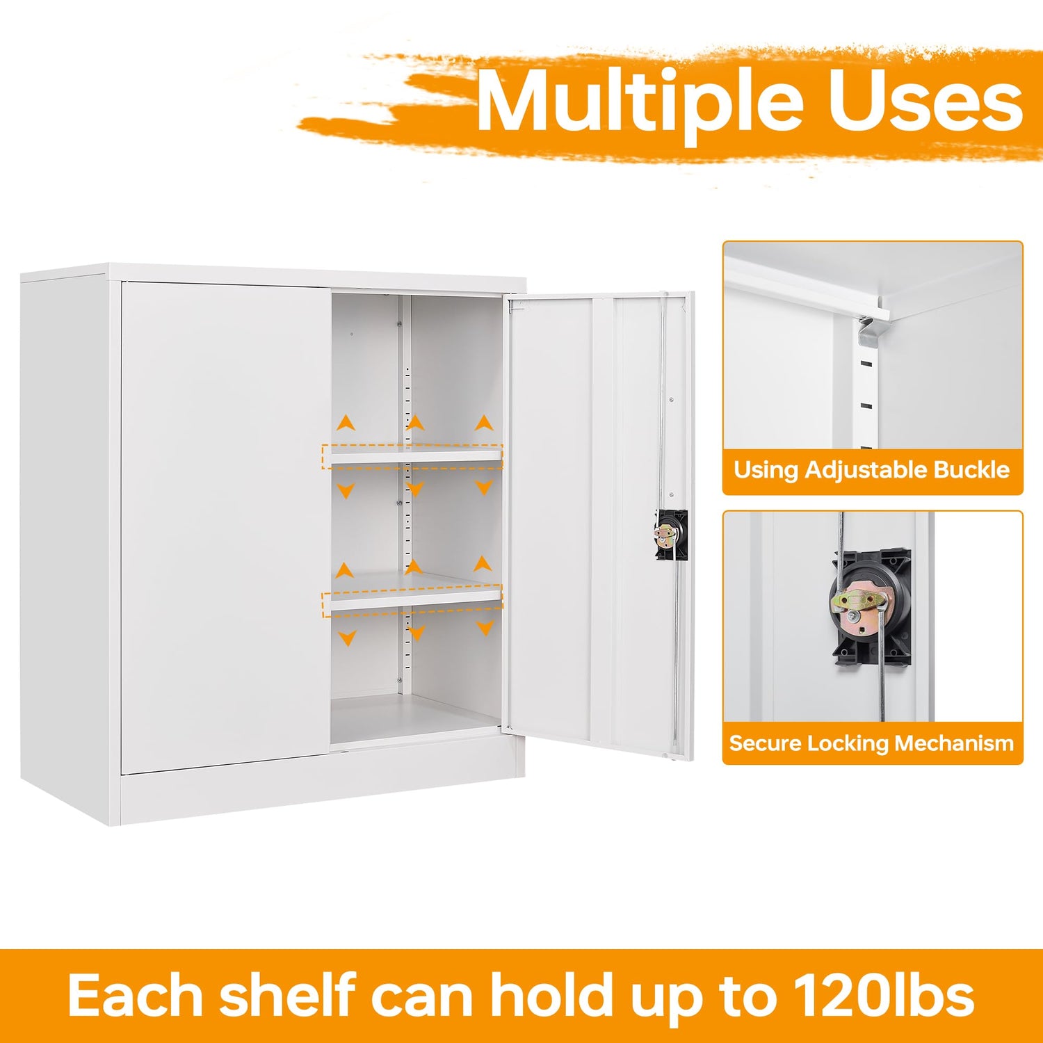 STANI Metal Storage Cabinet with 2 Adjustable Shelves, Steel Counter Cabinet with Lockable Doors for Home Office Warehouse Garage (White, 36" H-Style STANI