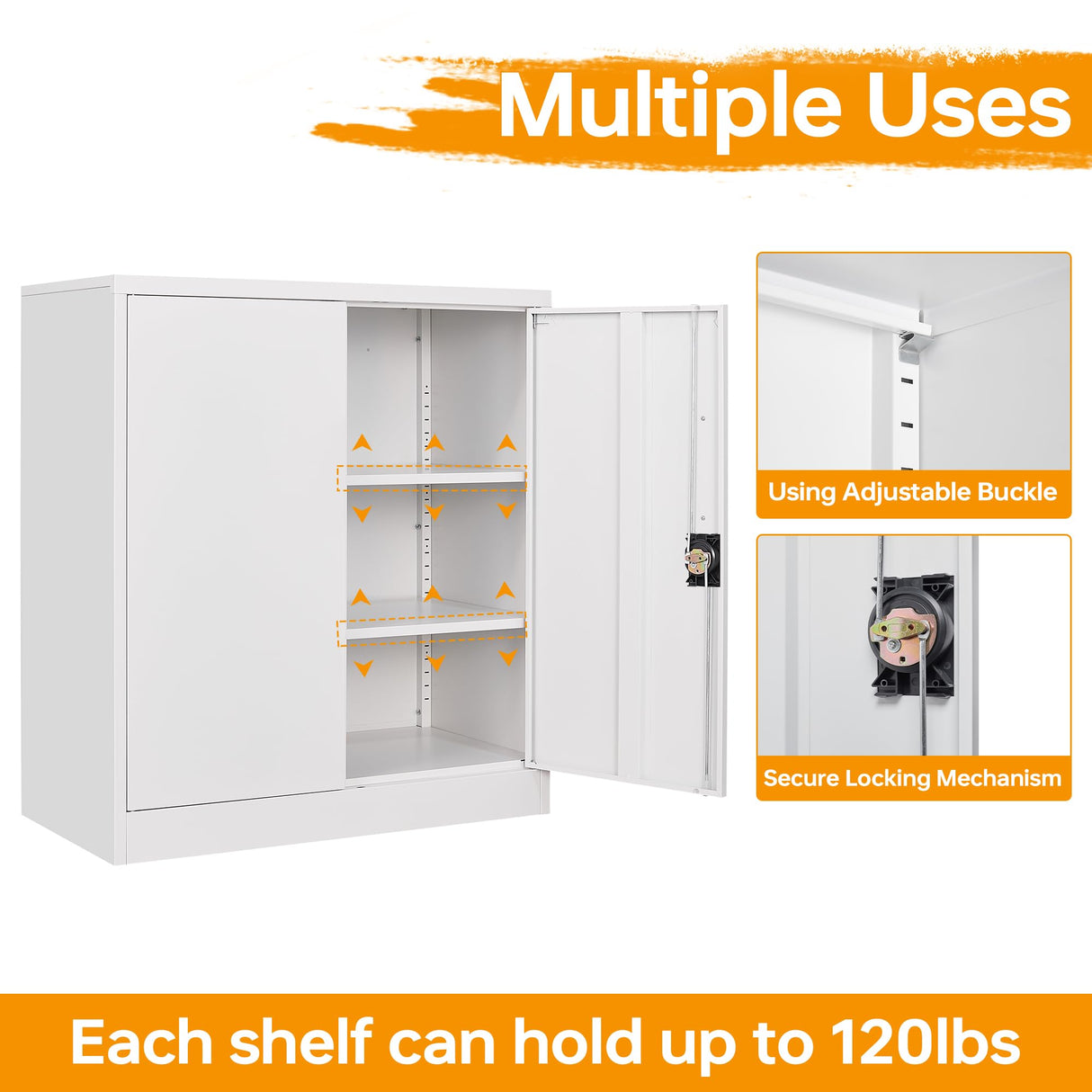 STANI Metal Storage Cabinet with 2 Adjustable Shelves, Steel Counter Cabinet with Lockable Doors for Home Office Warehouse Garage (White, 36" H-Style STANI