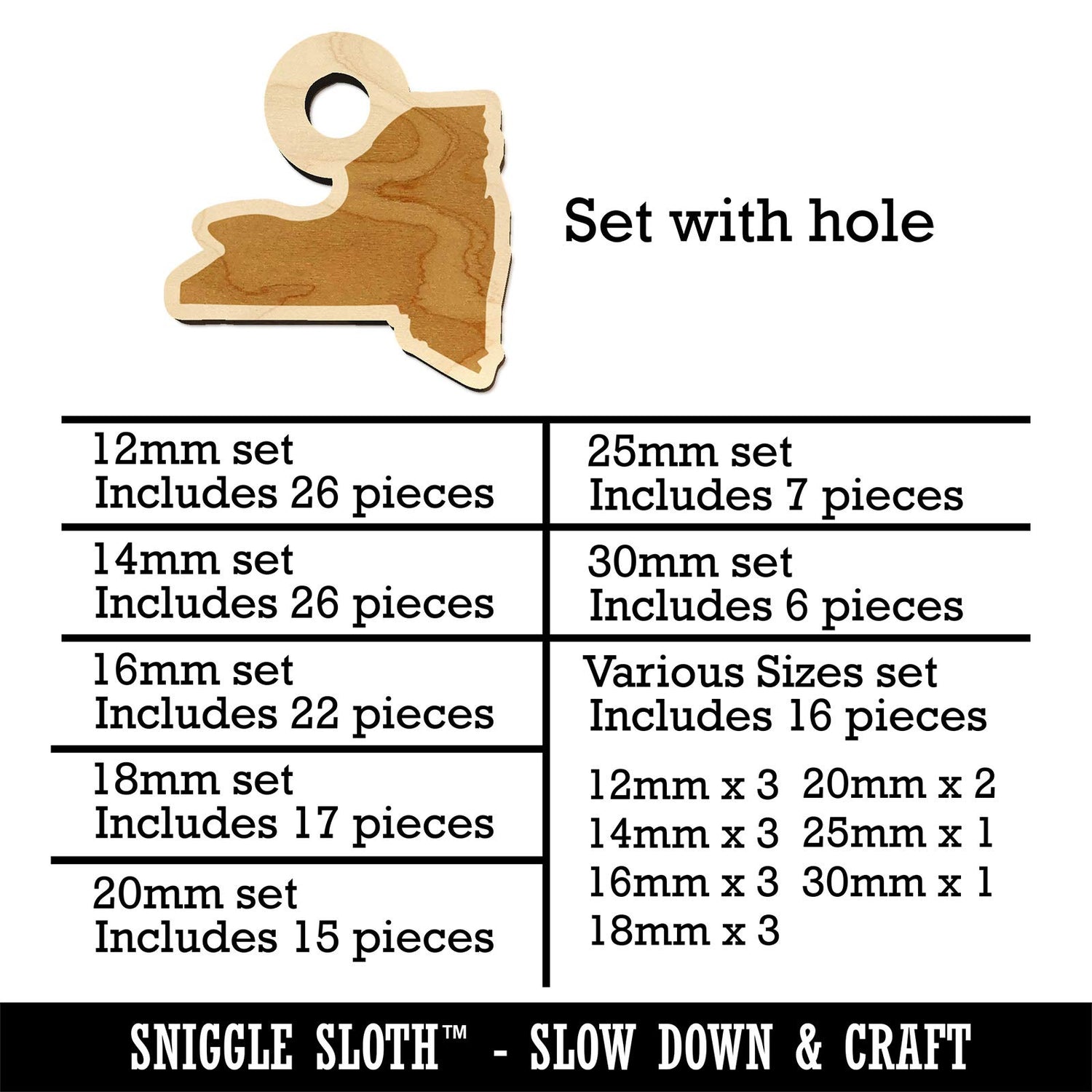 New York State Silhouette Mini Wood Shape Charms Jewelry DIY Craft - 12mm (26pcs) - with Hole Sniggle Sloth