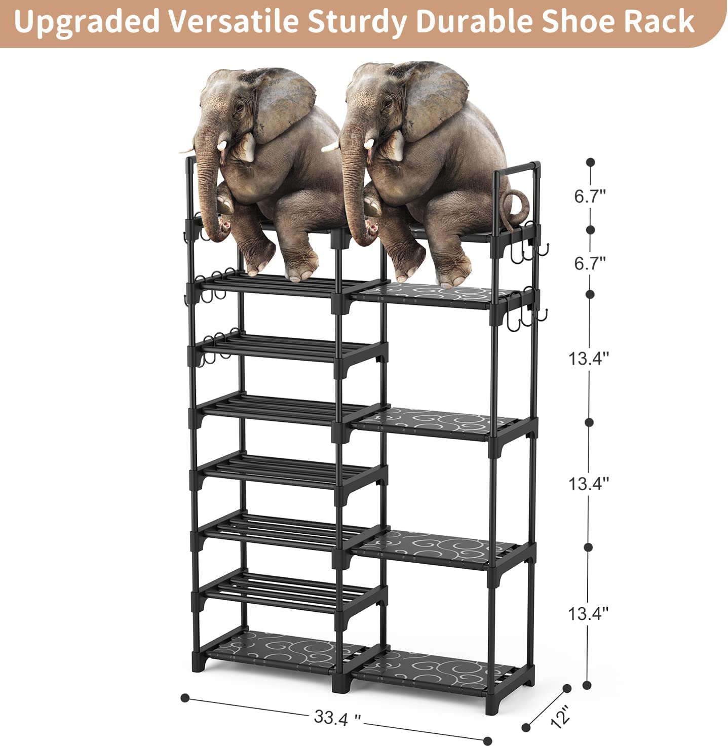 ROJASOP Shoe Rack Organizer, 8-Tier Metal Shoe Rack for Closet Entryway Garage, 26-32 Pairs Tall Shoe Boot Storage Shelf with 15 Hooks, Stackable