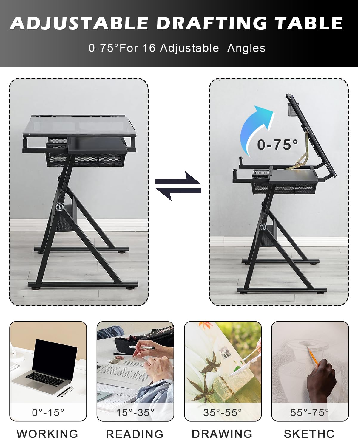 Drafting Table Adjustable Art Desk - LifeSky Artist Drawing Table Glass Top with Stool Black LIFE SKY
