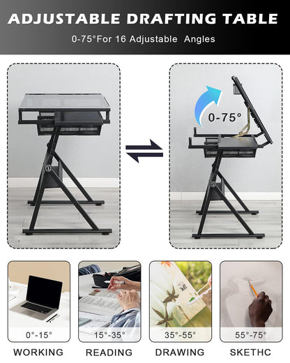 Drafting Table Adjustable Art Desk - LifeSky Artist Drawing Table Glass Top with Stool Black