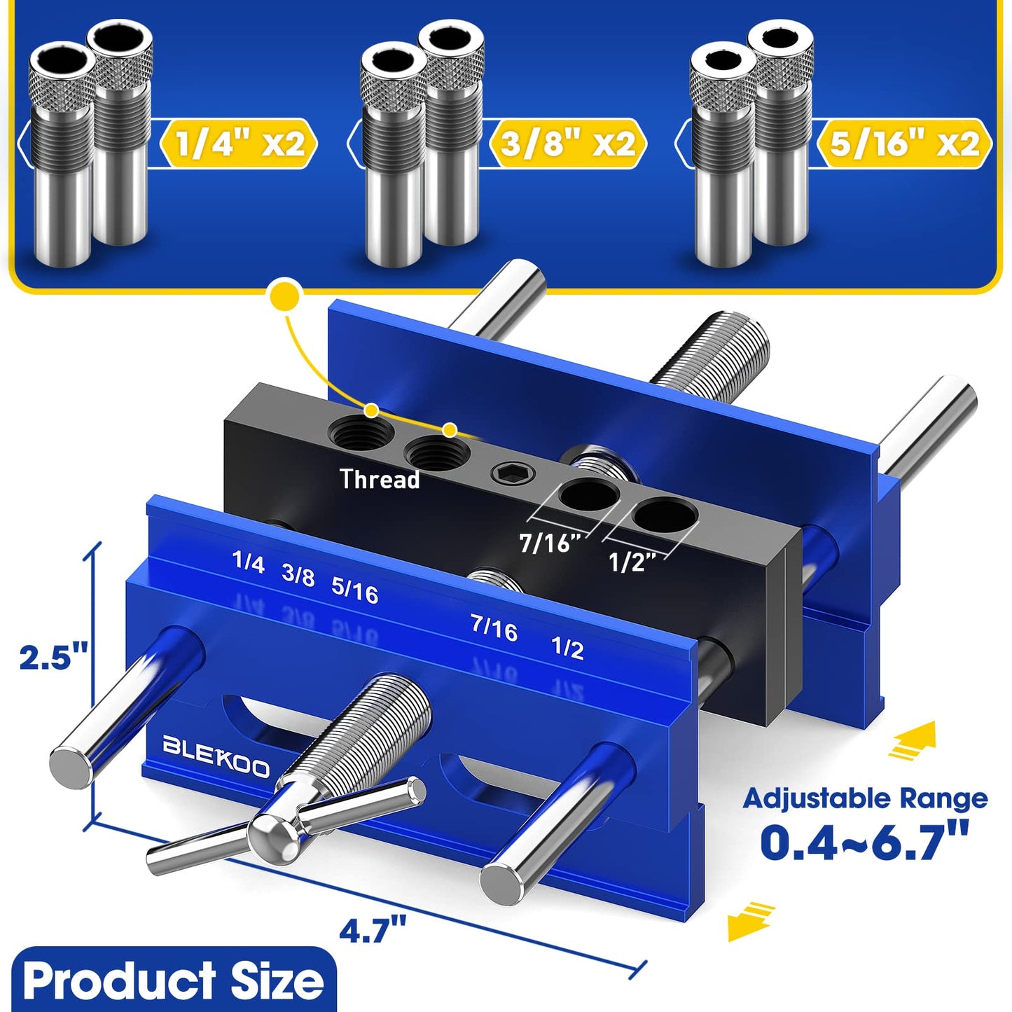 BLEKOO Upgraded 6.7 inch Self Centering Doweling Jig Kit, Drill Jig For Straight Holes Biscuit Joiner Set With 6 Drill Guide Bushings, Adjustable - WoodArtSupply