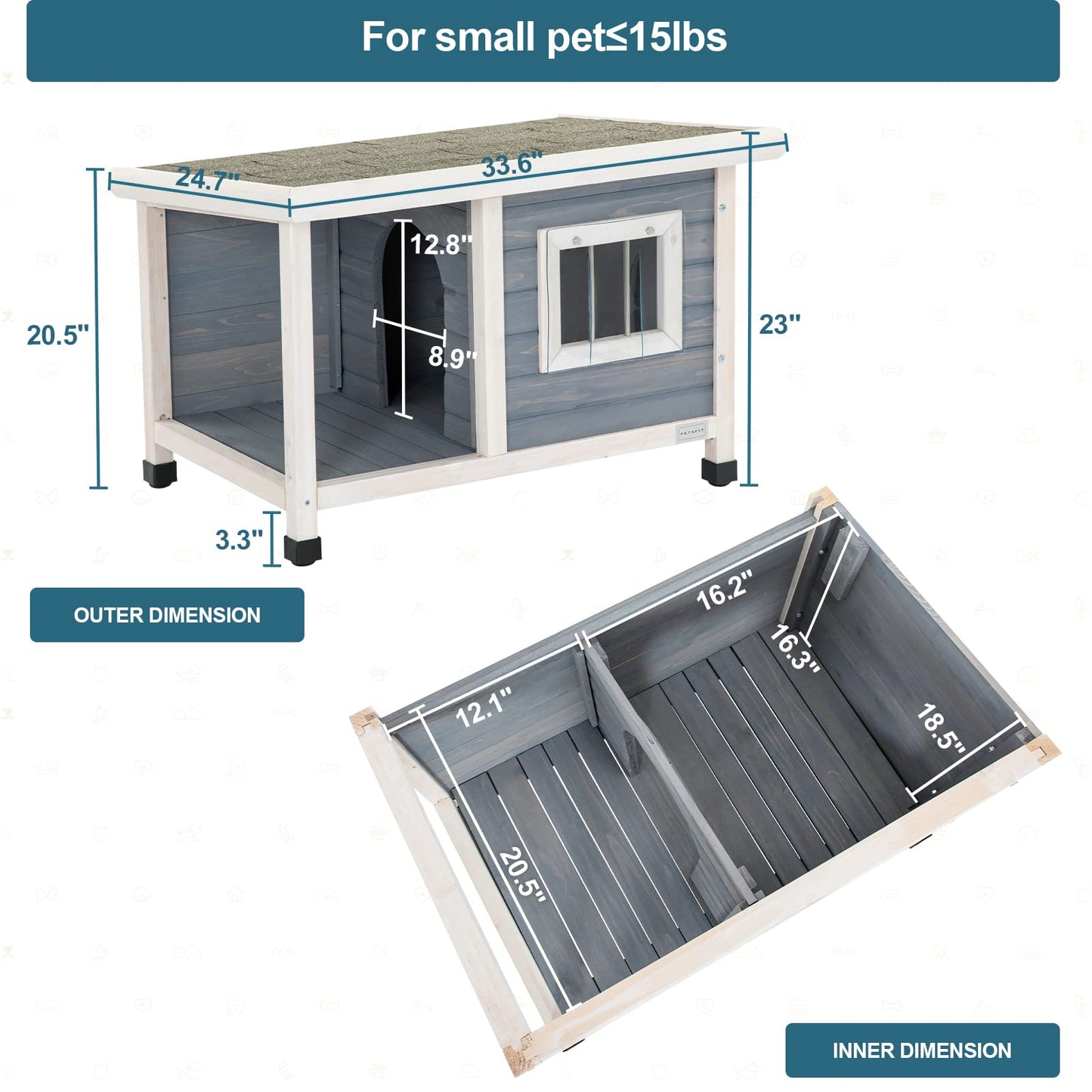 Petsfit Outdoor Wooden Dog House for Small Dogs, Light Grey, Small/33.6" L x 24.7" W x 23" H