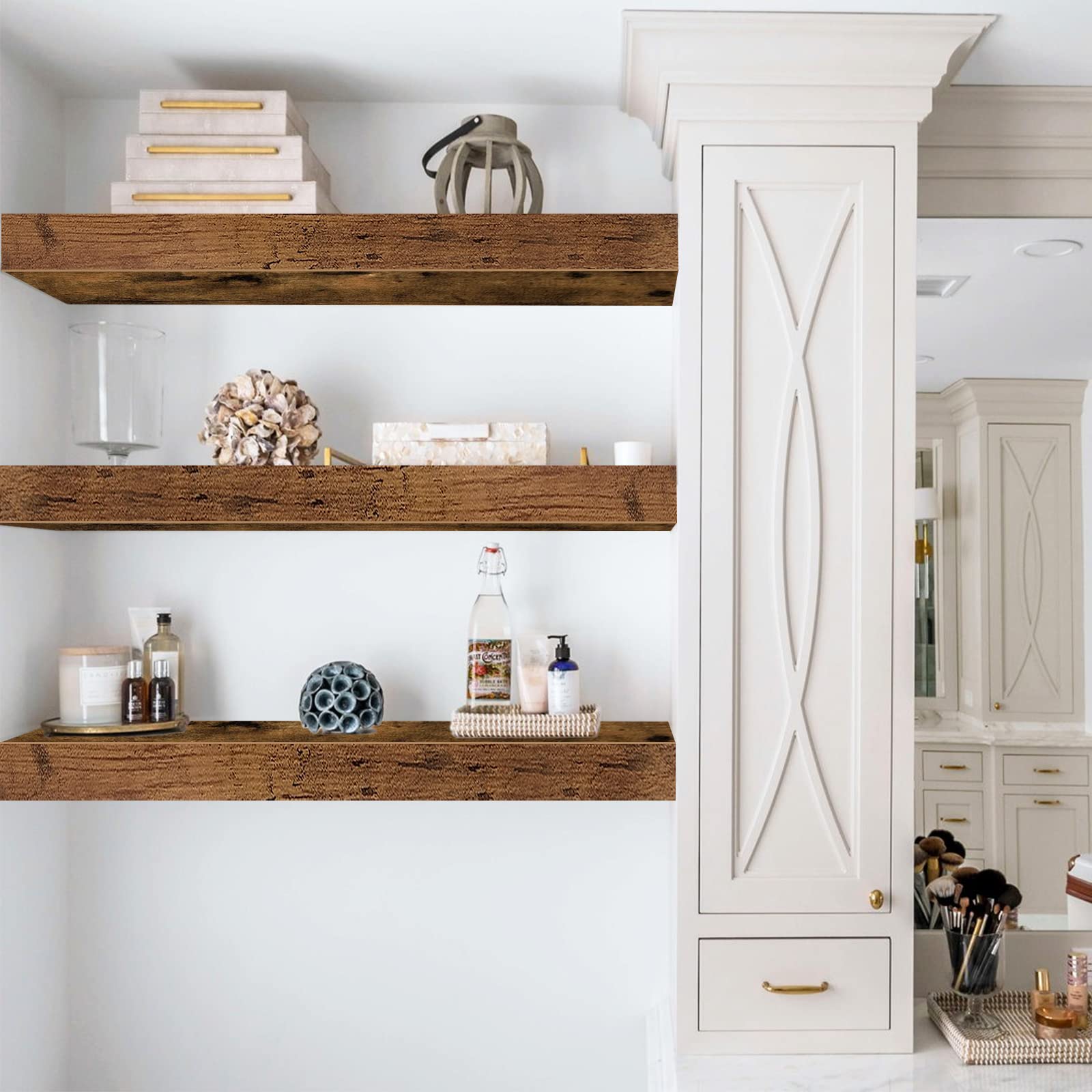 QEEIG Floating Shelves for Wall Bathroom Shelf Bedroom Kitchen Farmhouse Small Book Shelf 16 inch Set of 3, Rustic Brown (015-BN3) - WoodArtSupply