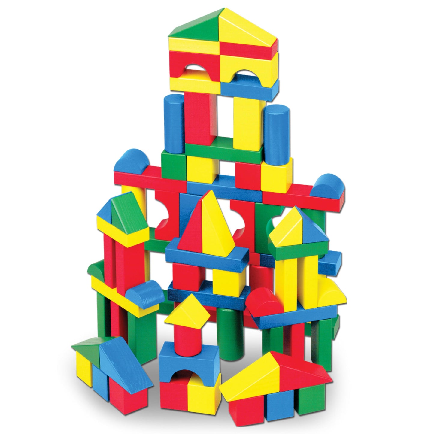 Melissa & Doug Wooden Building Set - 100 Blocks in 4 Colors and 9 Shapes - WoodArtSupply