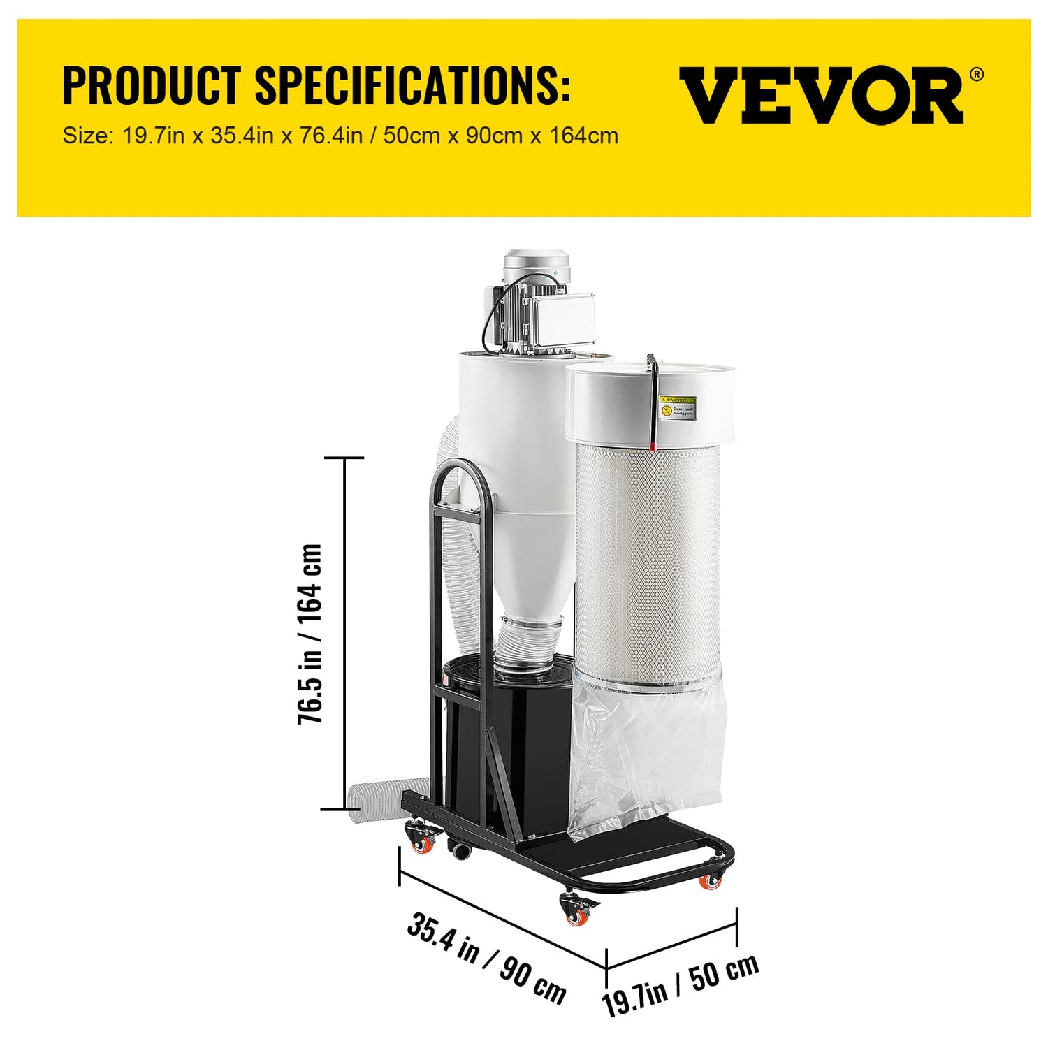 VEVOR 2 HP Dust Collector, Portable Cyclone Dust Collector, 1,500 CFM Woodworking Dust Collector with 13.2-Gallon Collection Drum and Mobile Base, VEVOR