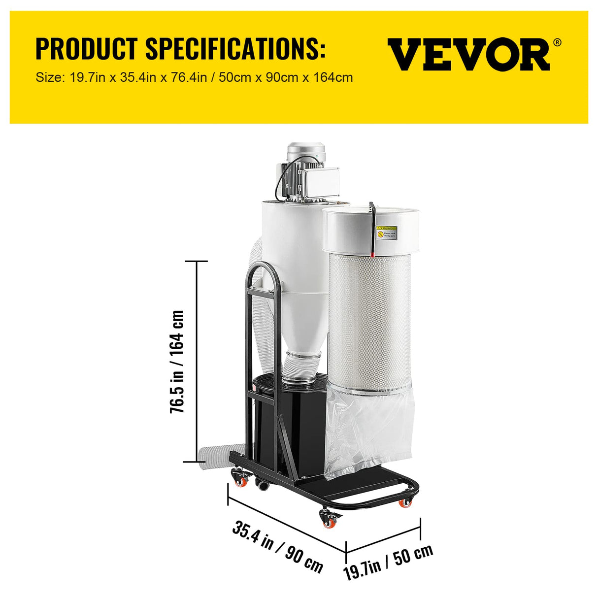 VEVOR 2 HP Dust Collector, Portable Cyclone Dust Collector, 1,500 CFM Woodworking Dust Collector with 13.2-Gallon Collection Drum and Mobile Base, VEVOR