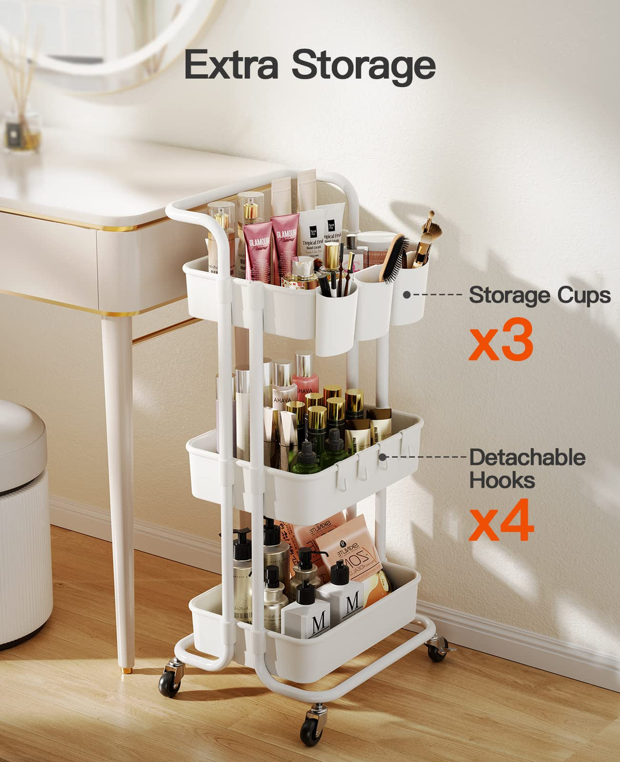 Pipishell 3-Tier Rolling Cart with Wheels - Rolling Storage Cart with Hanging Cups & Hooks - Mobile Utility Cart for Office, Kitchen, Craft Room - Pipishell