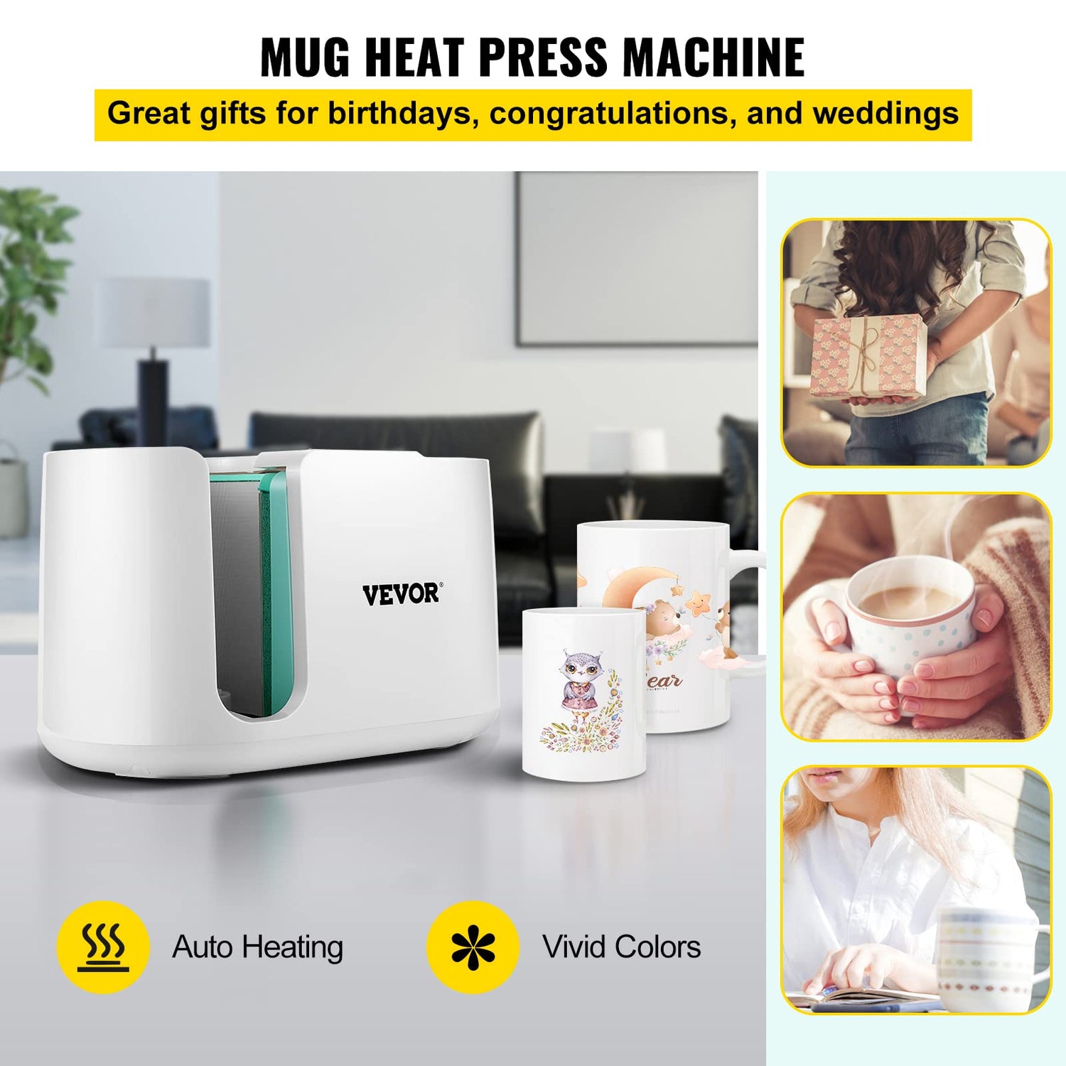VEVOR Mug Press Machine, 11-15oz Coffee Cup Transfer Printing, Automatic Mug Heat Press for Sublimation, DIY Presents Gifts White VEVOR