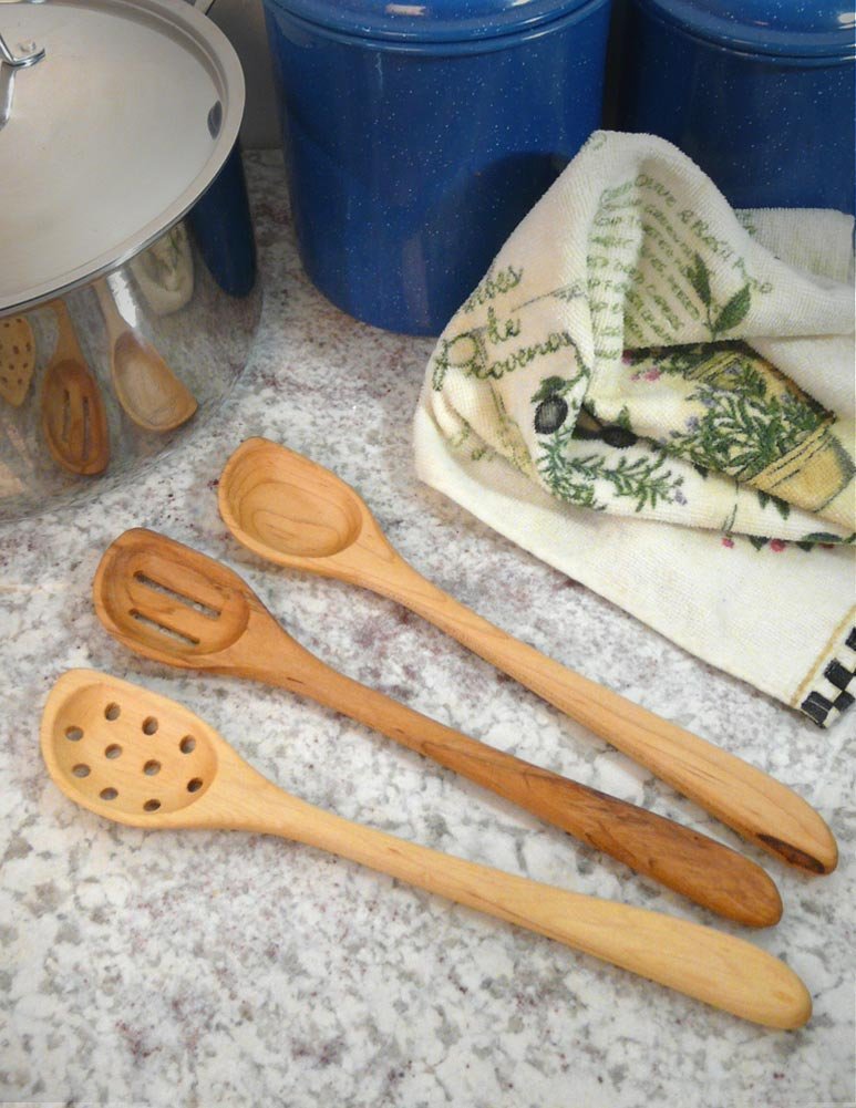 American Made Natural Hard Maple Wood Angled Cooking and Mixing Spoons, Set of 3 (Right Handed Version)