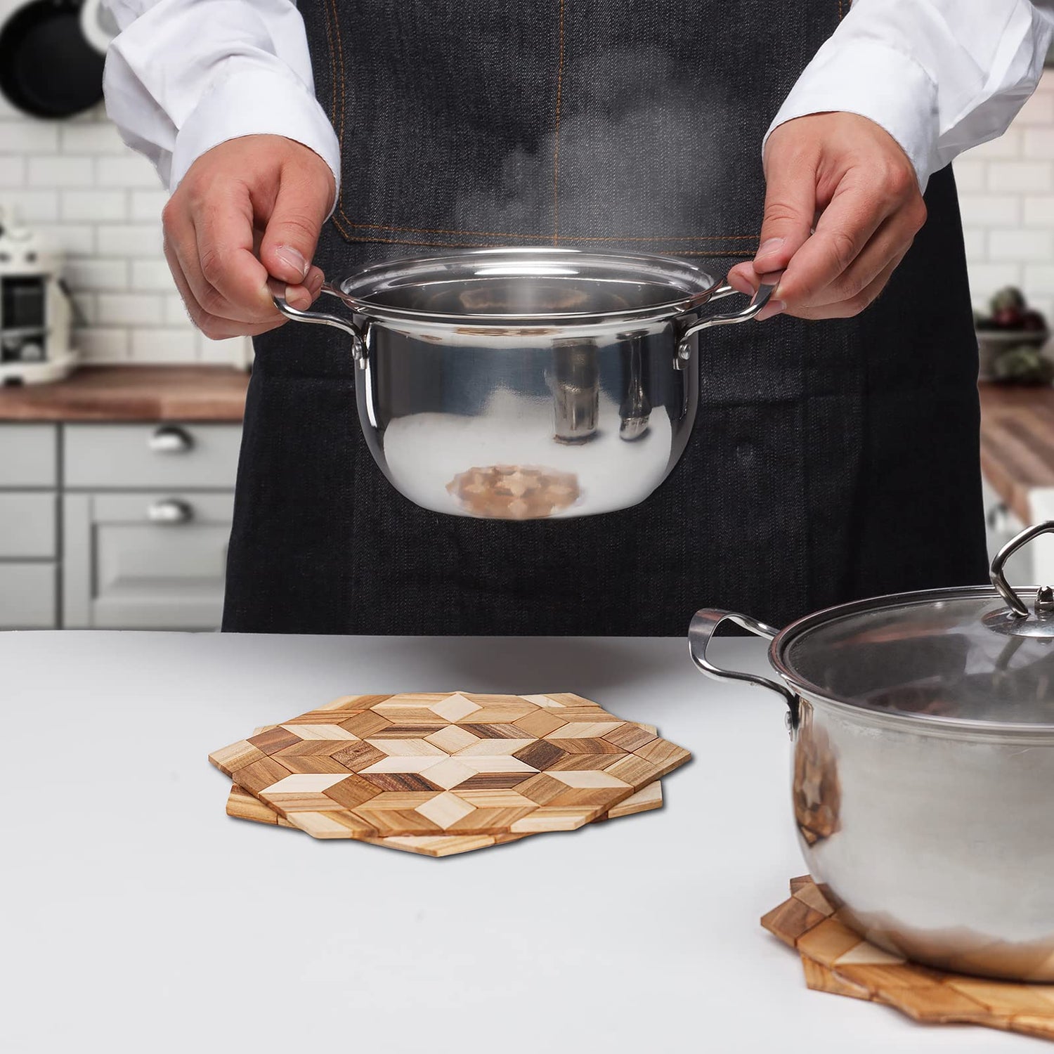 Wooden Trivets for Hot Dishes - 2 pcs Natural Handmade Wood Trivet Mat - Sturdy and Durable 7.5'' Kitchen Hot Pads - Wooden Trivet Frame for Hot Pots KIBS group