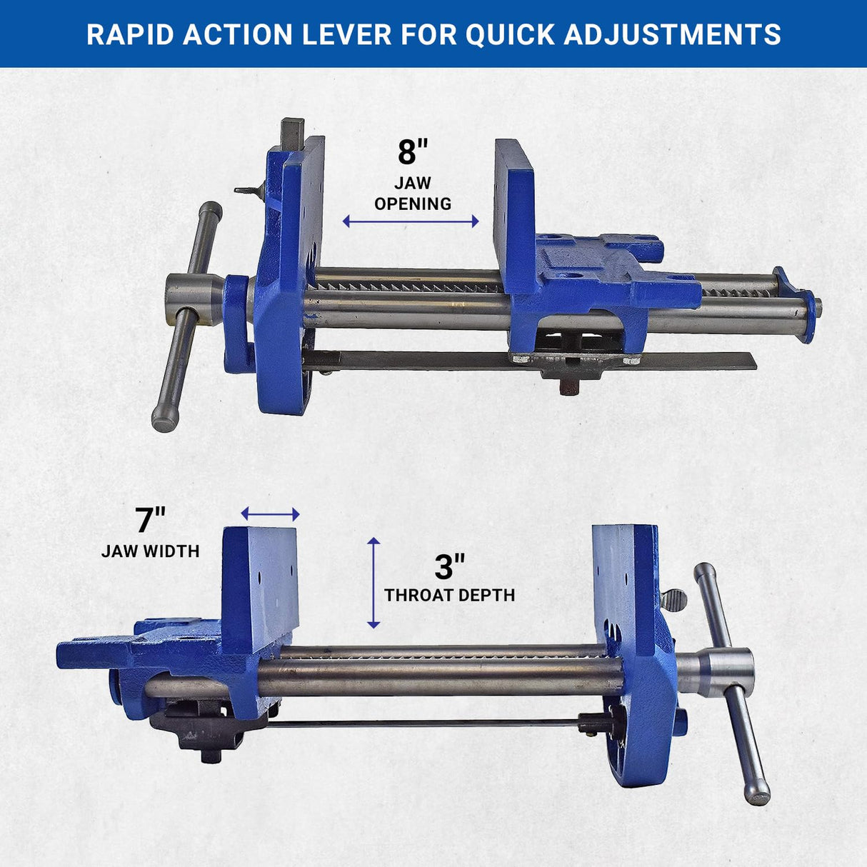 Yost Vises M7WW Rapid Action Woodworking Vise | Quick Release Lever for Quick Adjustments | 7 Inch Jaw Width | Made with Heavy-Duty Cast Iron | Blue Yost Tools