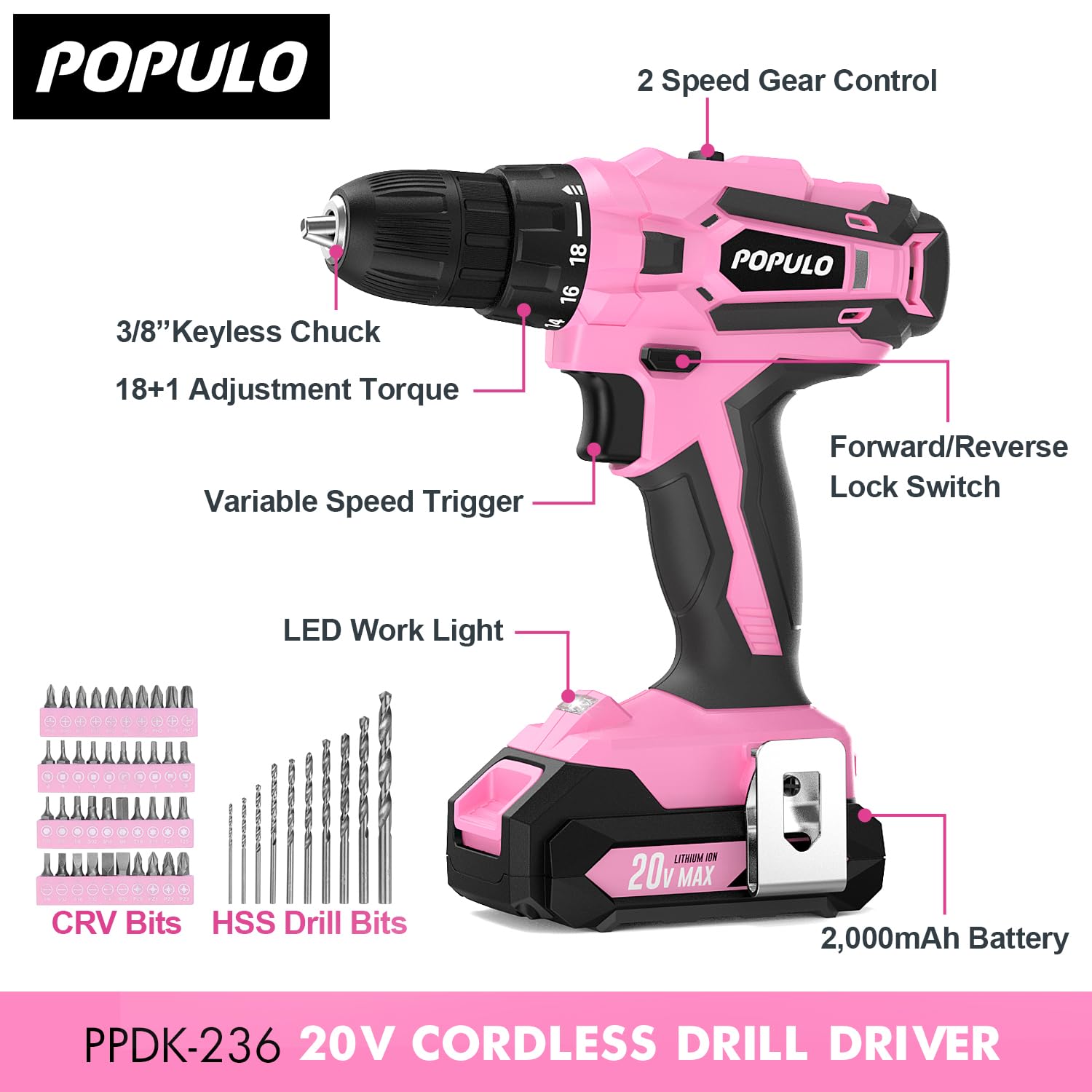 POPULO Pink Tool Kit 236-Piece with Cordless 20V 2000mAh Power Drill Driver, Lady's Basic Home Tool Set with 12-Inch Pink Tool Bag, Electric Drill populo