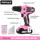 POPULO Pink Tool Kit 236-Piece with Cordless 20V 2000mAh Power Drill Driver, Lady's Basic Home Tool Set with 12-Inch Pink Tool Bag, Electric Drill populo