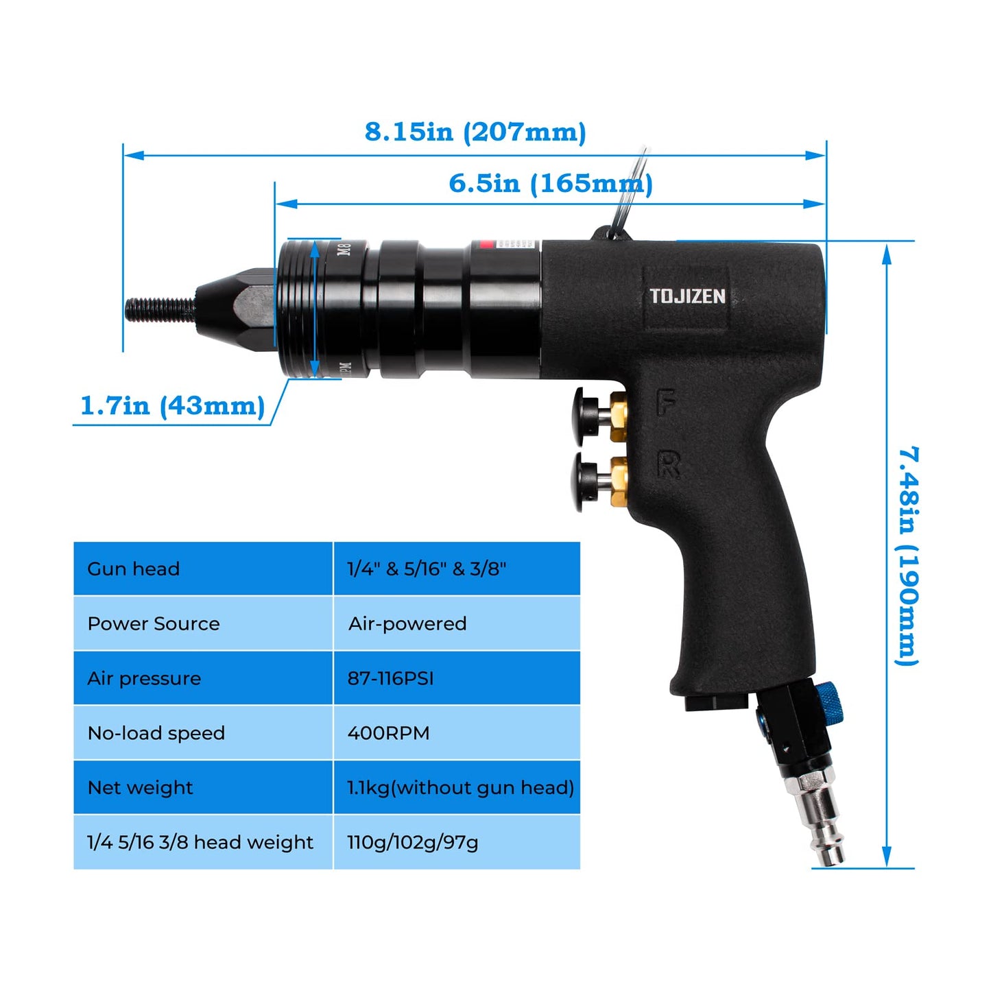 TOJIZEN Pneumatic Rivet Nut Gun Kit - 1/4, 5/16 & 3/8 inch Gun Heads - Air Powered Rivet Nut Tool Set for Rivnut, Nutsert, Threaded Insert, and More - WoodArtSupply