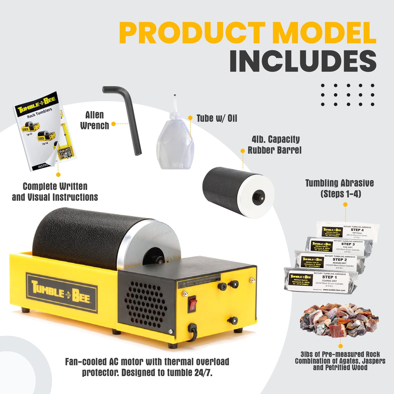 Tumble-Bee Rotary Rock Tumbler with Rock Grit Polish Kit - Rock Polisher Machine, Tumbling Equipment for Stone, Glass, and Metal Collection, Tumble-Bee